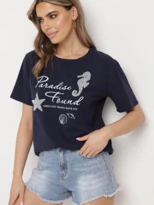 Granatowy Klasyczny Bawełniany T-shirt z Krótkim Rękawem z Nadrukiem Ozdobiony Perełkami Tiavenna glo-story