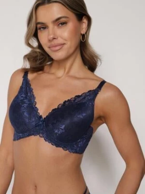 Granatowy Klasyczny Biustonosz Zdobiony Koronką Idarodia