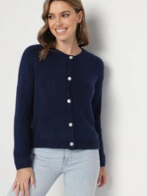 Granatowy Klasyczny Kardigan z Wełną i Moherem Noloria jumelle