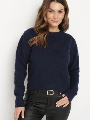 Granatowy Klasyczny Sweter Ozdobiony Tłoczeniem Derista acajo