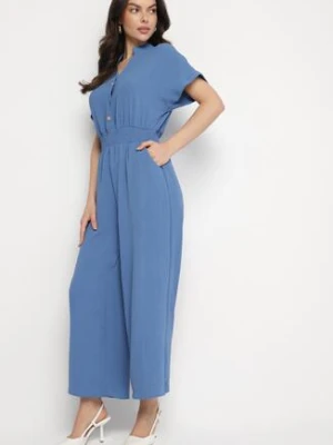 Granatowy Kombinezon z Wiskozy z Gumką w Talii i Dekoltem w Serek z Guzikami Nisella cflo