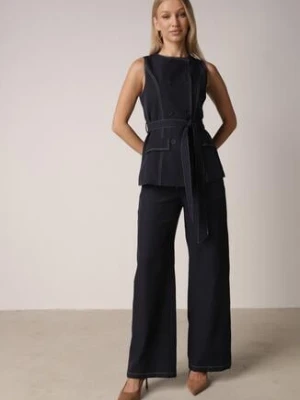 Granatowy Komplet Garniturowy Kamizelka z Paskiem i Szerokie Spodnie Zina