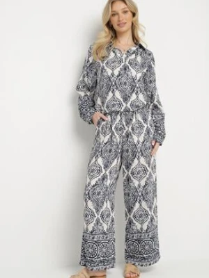 Granatowy Komplet Oversize z Wiskozą w Etniczny Wzór Szerokie Spodnie i Koszula Nilamiella m&d fashion