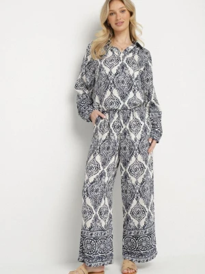Granatowy Komplet Oversize z Wiskozą w Etniczny Wzór Szerokie Spodnie i Koszula Nilamiella M&d Fashion
