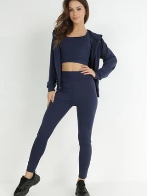 Granatowy Komplet Sportowy 3-częściowy Bluza Legginsy i Top Fika