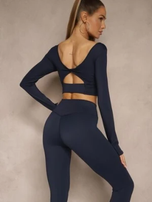 Granatowy Komplet Sportowy Legginsy High Waist i Longsleeve z Ozdobnym Tyłem Dasalle