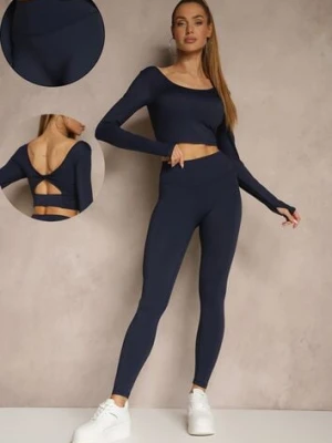 Granatowy Komplet Sportowy Legginsy High Waist i Longsleeve z Ozdobnym Tyłem Dasalle yu & me