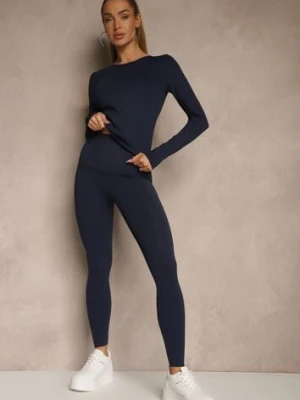 Granatowy Komplet Sportowy Legginsy i Top Typu Longsleeve Dorotia