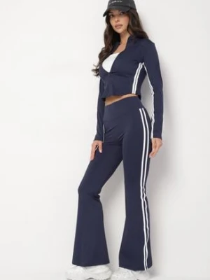 Granatowy Komplet Sportowy Rozpinana Bluza i Spodnie Typu Dzwony Lumoreina yu & me