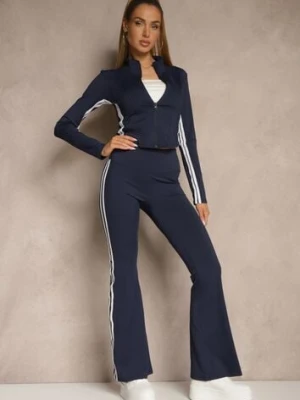 Granatowy Komplet Sportowy Spodnie Dzwony i Bluza na Suwak Lumonise yu & me