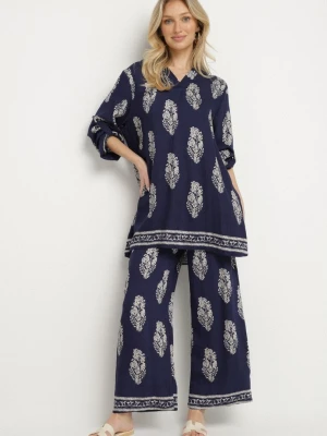 Granatowy Komplet w Stylu Boho Oversize Długa Koszula i Luźne Spodnie Meppina M&d Fashion