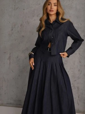 Granatowy Komplet z Bawełniano-Wiskozowej Imitacji Jeansu z Koszulą i Spódnicą z Paskiem Andaig