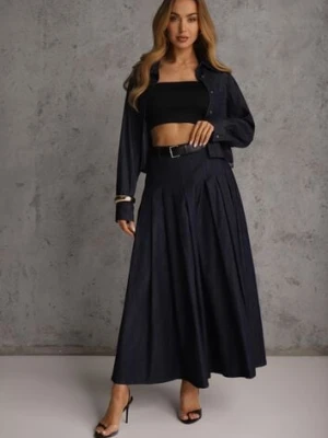 Granatowy Komplet z Bawełniano-Wiskozowej Imitacji Jeansu z Koszulą i Spódnicą z Paskiem Andaig