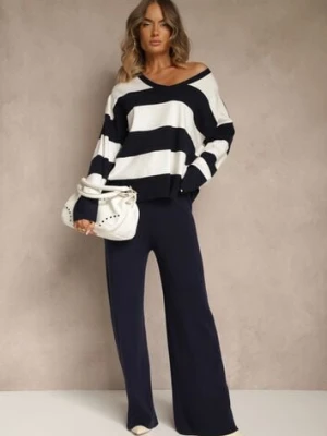 Granatowy Komplet z Dzianiny Spodnie Wide Leg i Sweter w Szerokie Pasy Falorella j&x