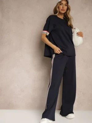 Granatowy Komplet z Wiskozą Bluzka Ozdobiona Paskami i Szerokie Spodnie Nilassea new collection