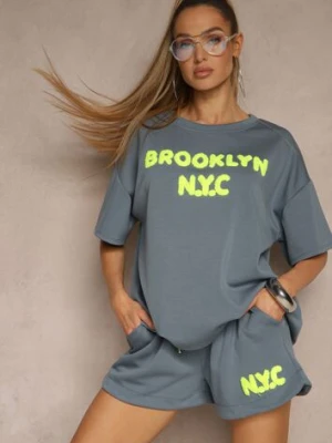 Granatowy Komplet z Wiskozą o Fasonie Oversize T-shirt i Szorty Lirafina jumelle