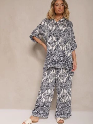 Granatowy Komplet z Wiskozą o Kroju Oversize Koszula i Spodnie Nilarithia m&d fashion