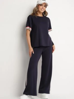 Granatowy Komplet z Wiskozą Szerokie Spodnie i Bluzka z Paskami Nilanaria new collection