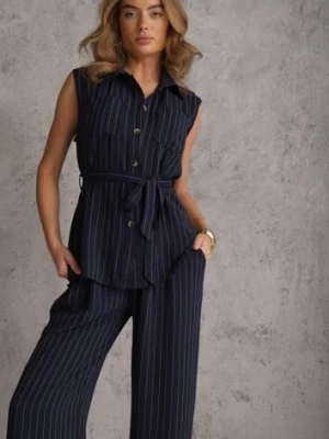 Granatowy Komplet z Wiskozy Spodnie Wide Leg i Koszula Bez Rękawów z Paskiem Adduin cflo