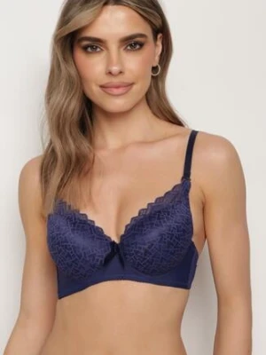 Granatowy Koronkowy Biustonosz Push Up na Regulowanych Ramiączkach Zapinany na Haftki Ellsina
