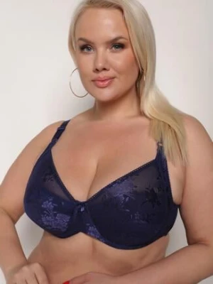 Granatowy Koronkowy Biustonosz z Regulowanymi Ramiączkami Zapinany na Haftki Missaela