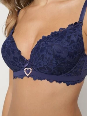 Granatowy Koronkowy Biustonosz z Sercem z Cyrkonii i Koronką Nelanisea