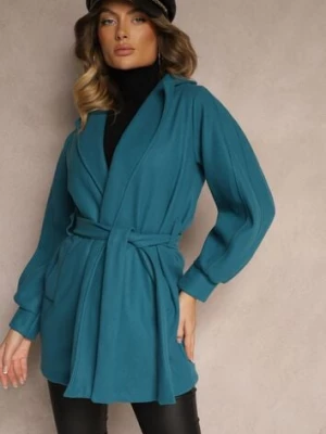 Niebieski Płaszcz z Wiązanym Paskiem i Bufiastym Rękawem Agnage tricot station