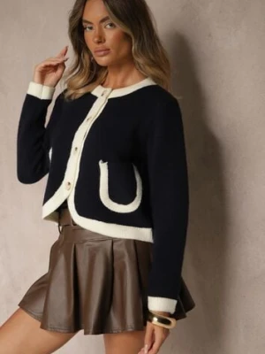 Granatowy Rozpinany Klasyczny Kardigan z Wełną Senneva acajo