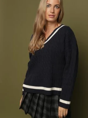 Granatowy Sweter Preppy z Domieszką Kaszmiru Zdobiony Strukturalnym Splotem Lorentie tandem