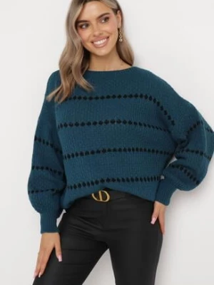 Granatowy Sweter z Bufiastymi Rękawami Ozdobiony Cienkimi Paskami Bilentia tricot station