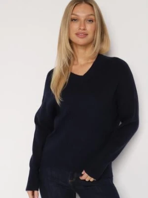Granatowy Sweter z Domieszką Kaszmiru z Dekoltem w Serek Feralaine