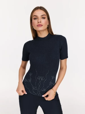 Granatowy sweter z kwiatową aplikacją TARANKO