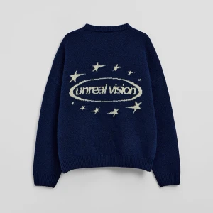 Granatowy sweter z napisem Unreal Vision House niebieski
