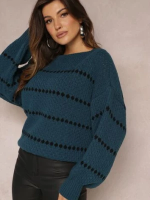 Granatowy Sweter z Szerokimi Bufiastymi Rękawami i Drobnym Wzorem Nigistis tricot station