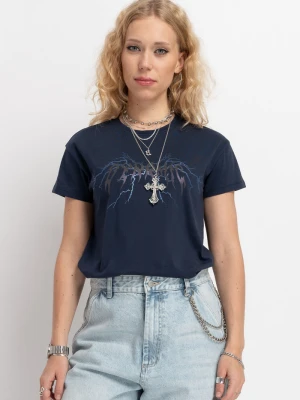 Granatowy t-shirt z autorską grafiką z przodu Reporter