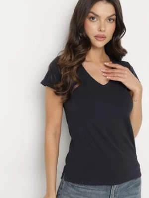 Granatowy T-shirt z Bawełny z Dekoltem w Serek Liniviela basic