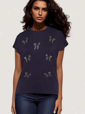 Granatowy T-shirt z Bawełny z Kokardkami Ozdobionymi Cyrkoniami Rissamore