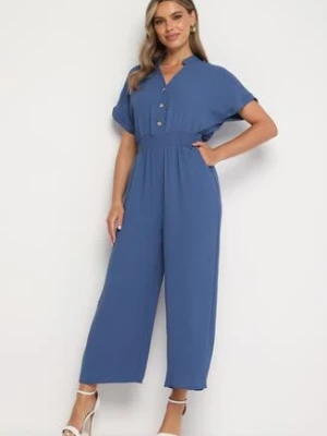 Granatowy Wiskozowy Kombinezon o Taliowanym Kroju z Szerokimi Nogawkami Delsea cflo