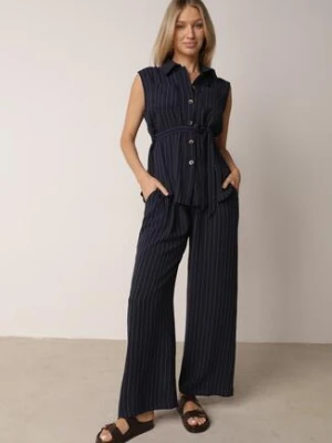 Granatowy Wiskozowy Komplet Szerokie Spodnie i Koszula Bez Rękawów z Wiązaniem Zanran cflo