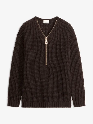 Gruby sweter dzianinowy z zamkiem BonPrix brązowy