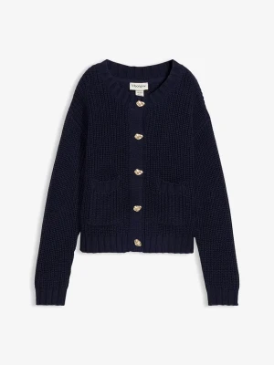 Gruby sweter z ozdobnymi guzikami BonPrix niebieski