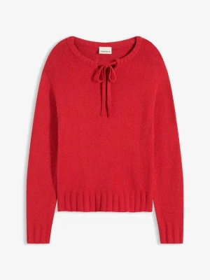 Gruby sweter z wiązaniem przy dekolcie BonPrix czerwony