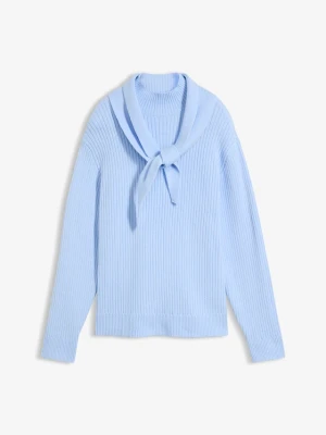 Gruby sweter ze stójką i ozdobnym szalikiem BonPrix niebieski
