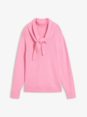 Gruby sweter ze stójką i ozdobnym szalikiem BonPrix różowy