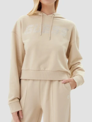 GUESS Beżowa bluza z kapturem damska z cyrkoniami Primula, Rozmiar M
