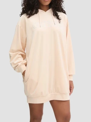 GUESS Beżowa damska długa welurowa bluza z kapturem Couture, Rozmiar L