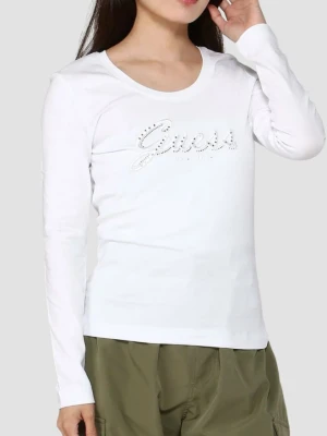 GUESS Biały damski longsleeve Embro Script, Rozmiar S
