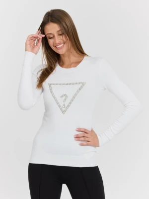 GUESS Biały damski sweter Rylie Triangle z dużym logo, Rozmiar S