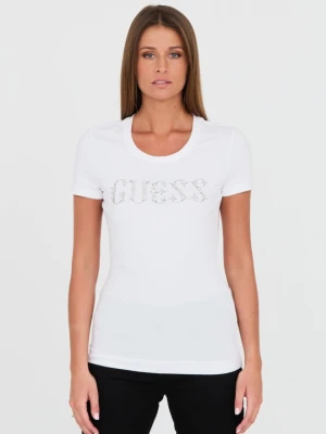 GUESS Biały damski t-shirt bawełniany Stones Logo Tee, Rozmiar M