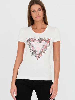 GUESS Biały damski t-shirt bawełniany z logo, Rozmiar S